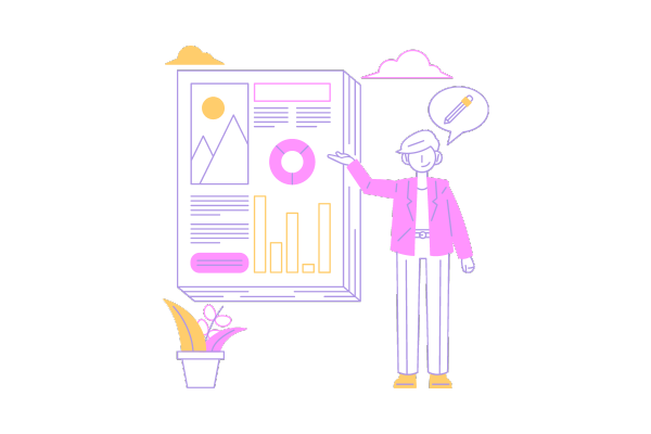 illustration of man introducing a document with various graphs and data showing the power of backlinks displayed