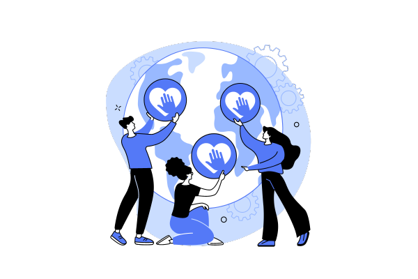 illustration of a globe with hearts representing ethical links and diversity