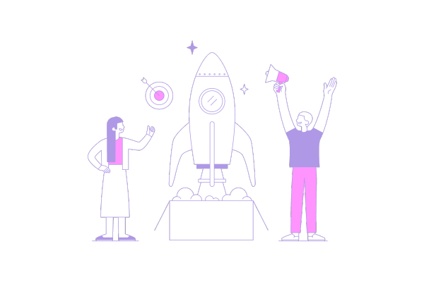 illustration of two people celebrating SEO success by way of a rocket launch