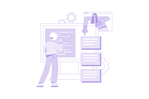 an illustration of one person writing backlinks and seo whilst another points out additional link text on cards