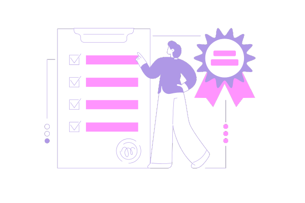 illustration of a woman pointing to a checked list of items and a rosette award next to it.