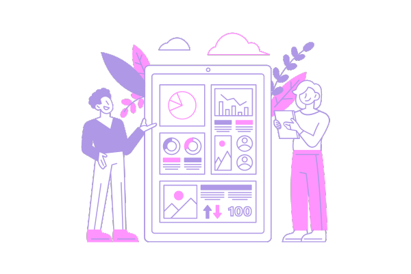 two people looking at a screen showing various data analysis charts and graphs