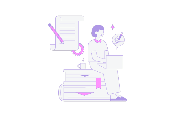 illustration of a person sitting on research papers and writing on a laptop