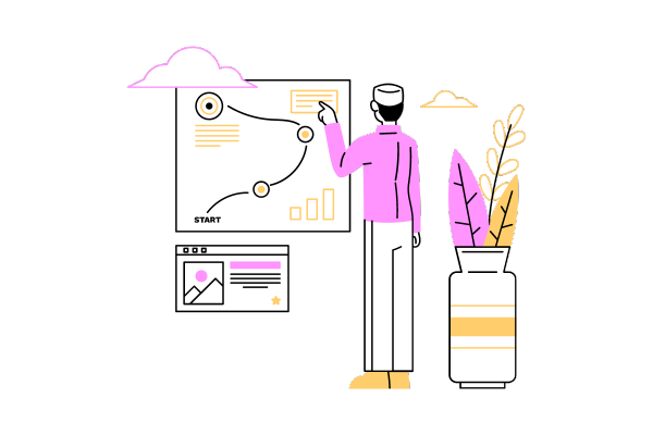 Illustration of man looking at board with a timeline displayed