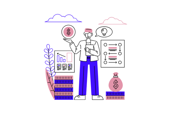 illustration showing a man buying and selling with graphs in the background