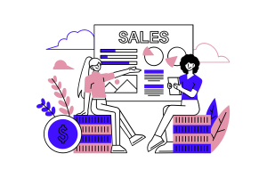 illustration of two people sat by a sales sheet with graphs on a poster behind