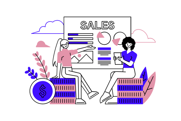 illustration of two people sat by a sales sheet with graphs on a poster behind