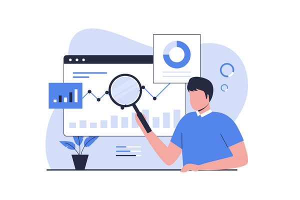 illustration of man studying screen with graphs and data trends