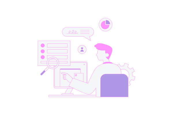 illustration of a man working on various screens and windows, looking at data