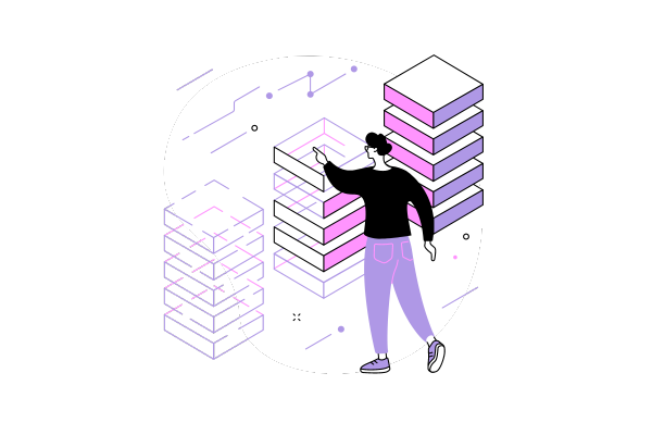 illustration of a man inspecting a stack of backlinks databases