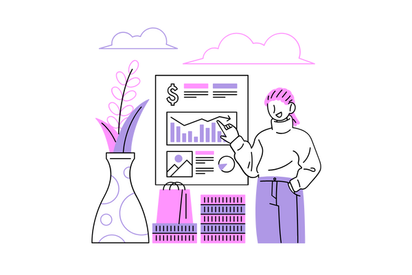 illustration of a person comparing pay per click vs seo on a whiteboard behind them