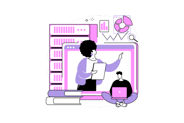 illustration of two people looking at laptops next to a database and analysing the data