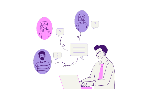 customer service advisor talking to three people shown in bubbles from a laptop