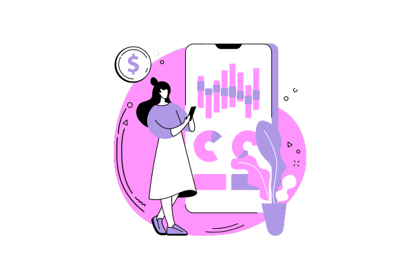 illustration of a woman doing mathematical calculations with graphs shown on a board