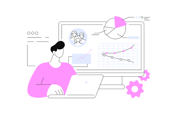 illustration of a man analysing data on a laptop screen with charts and graphs