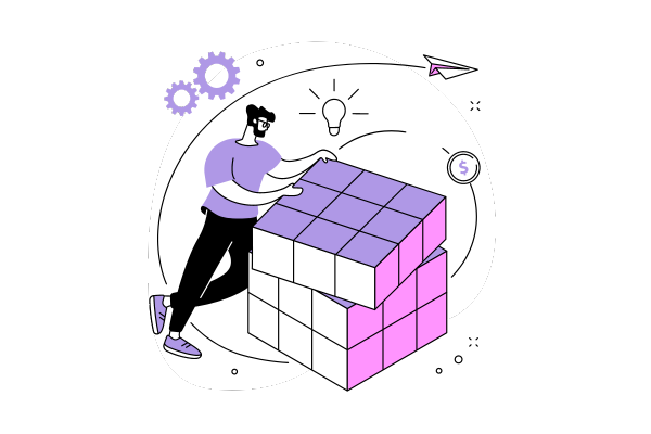 man leaning on a large rubix cube with lightbulb icon next to it