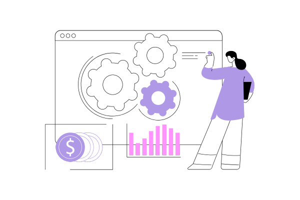 illustration of a woman looking at screen with graphs and backlinks price settings