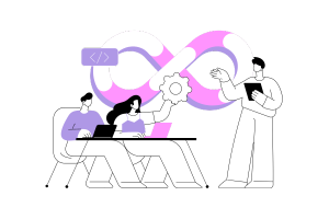 illustration showing three people with laptops discussing backlinks high pr and a large link icon in the background