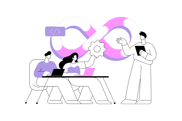 illustration showing three people with laptops discussing backlinks high pr and a large link icon in the background