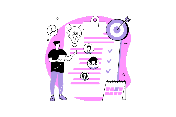 illustration of a person with a clipboard showing various user icons listed with ticks next to them and a lightbulb icon