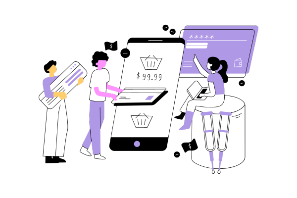 illustration of three people updating a local retail website by adding and moving elements