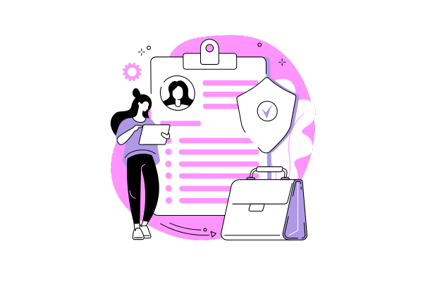 illustration of a woman with clipboard showing bullet points to review and a shield with a tick icon displayed for authority