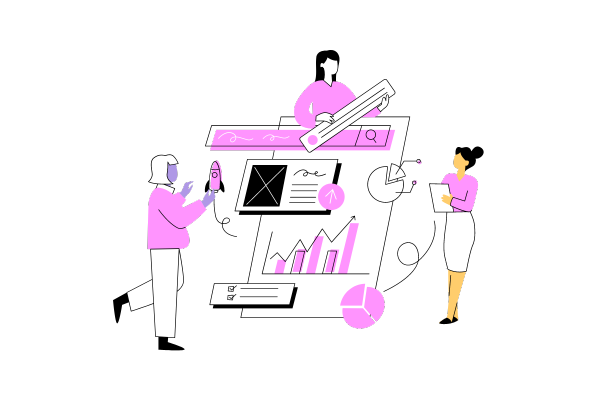 illustration of three people looking at a website's analysis with data and graphs