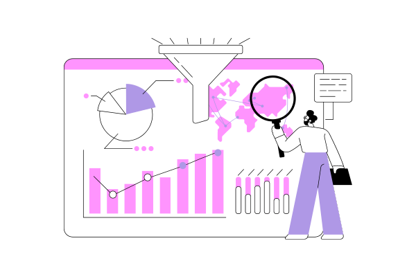 illustration of a man looking at a webpage with various metrics, maps and graphs displayed