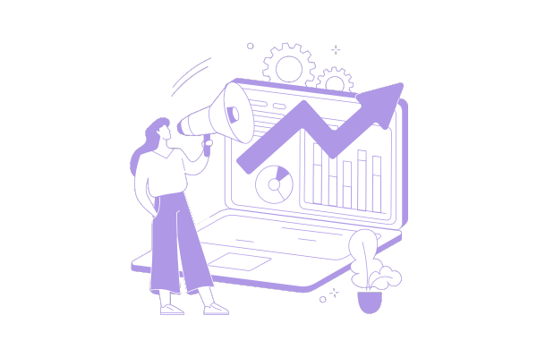 illustration of a woman holding a megaphone and a screen with charts signifying growth