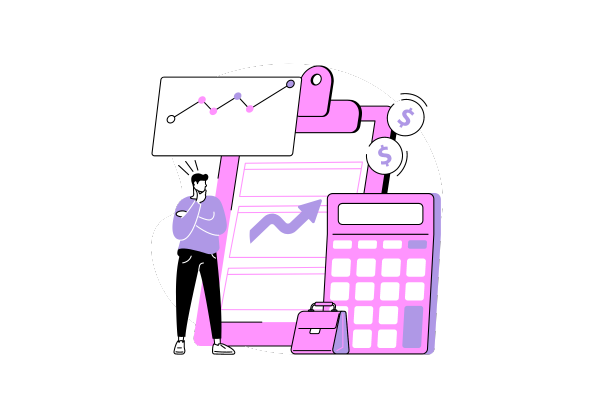 illstration of a person doing a website audit with graphs, calculator and money icons