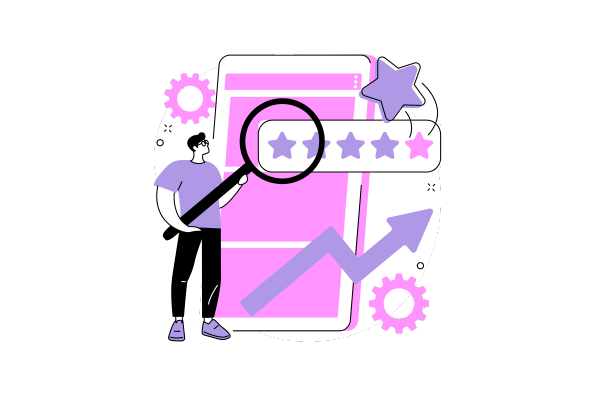 illustration of person looking at tablet with 5 star rating and upwards arrows