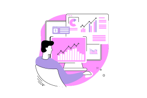 illustration of a man looking at several screens showing various graphs and tables to compare SEO tools