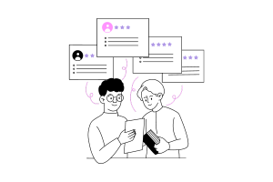 two people looking at user profiles and feedback scores