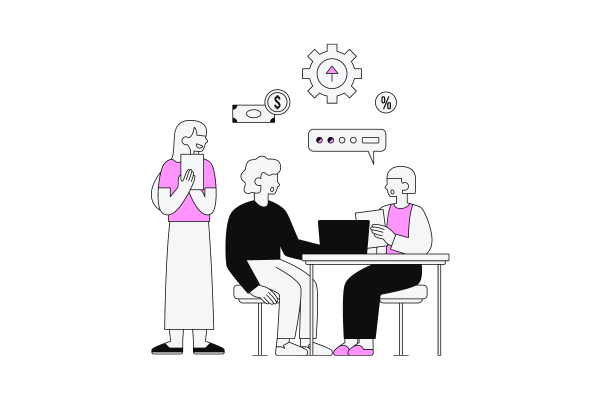 three people discussing techniques to improve traffic to a website, with icons of money and settings gears in the background