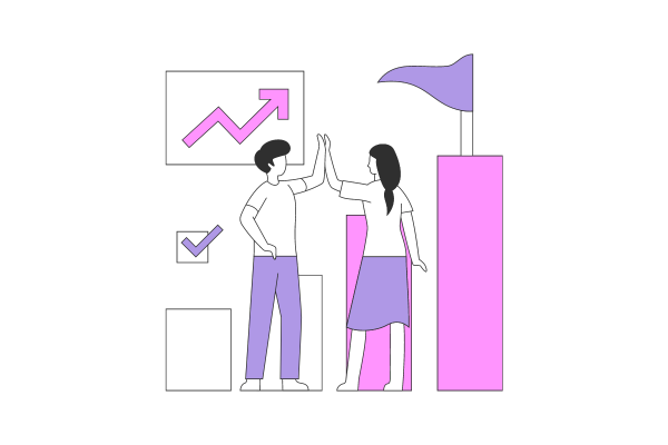 two people doing a high five next to upward graphs