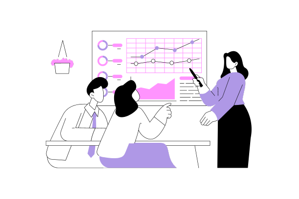 three people studying charts on a white board