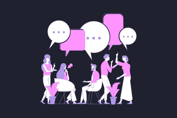 a group of people chatting with speech bubbles