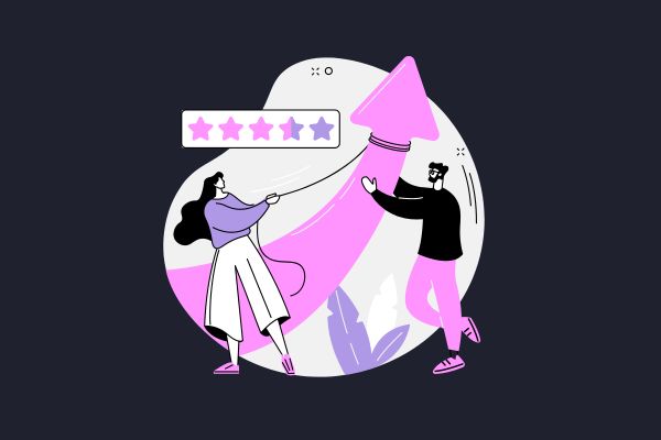 two people holding a large upward arrow next to a star rating