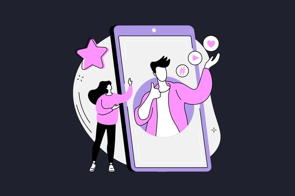 two people on a mobile screen with social icons and hearts