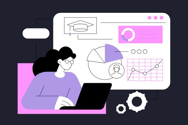 A woman sat with a laptop looking at stats and graphs of search optimization techniques