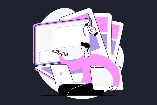 A man with a pen drafting a blog post on a screen in front of him