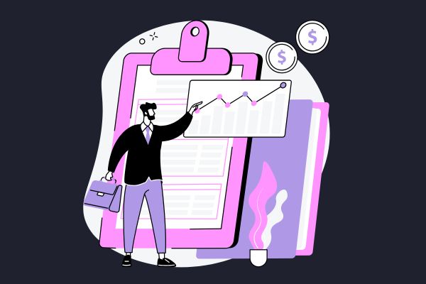 A man in a suit using a link building agency and pointing to a clipboard behind him with upward trending graphs
