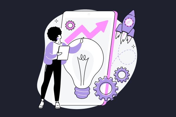 A woman looking at a mobile SEO score with a large lightbulb and upward graph shown on the mobile device
