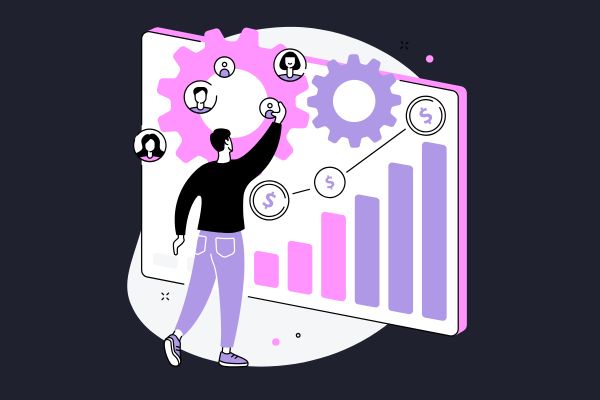 A man tracking his SEO score and user data with an upward chart on a large screen in front of him