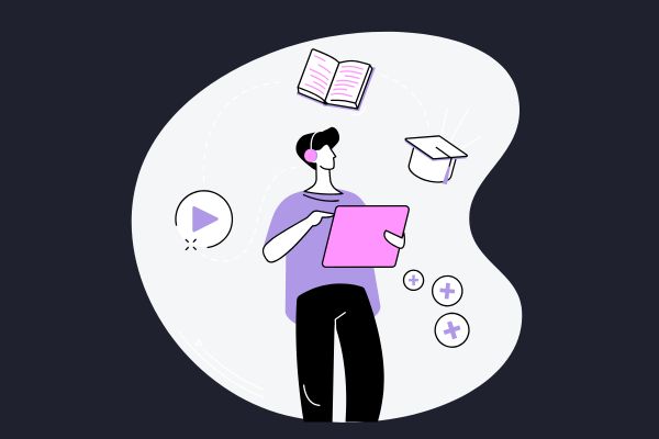 A man demonstrating expertise in EEAT with various educational icons and symbols around him