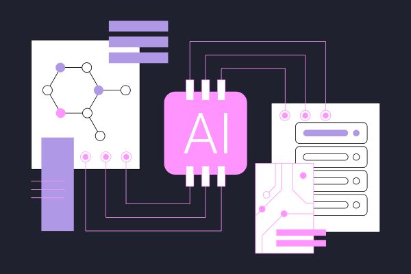 a large AI logo surrounded by data symbols and connections