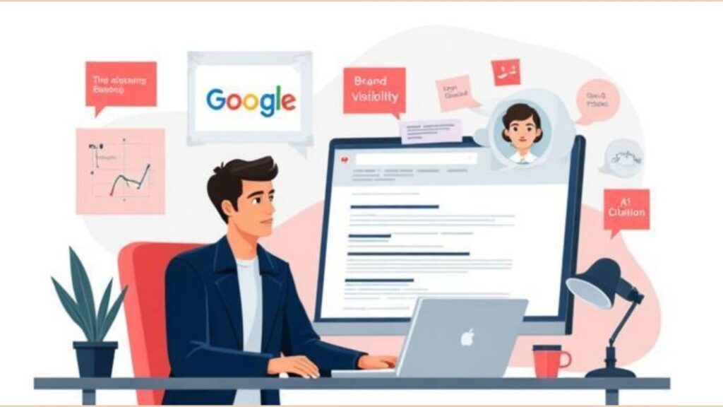 A man sat at a computer using a Google AI Mode SEO strategy