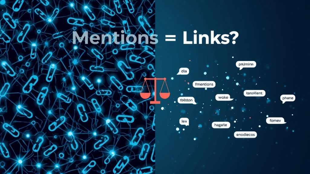 A graphic shoiwng brand mentions vs backlinks ai as lots of speech bubbles and paper clip links on a dark background
