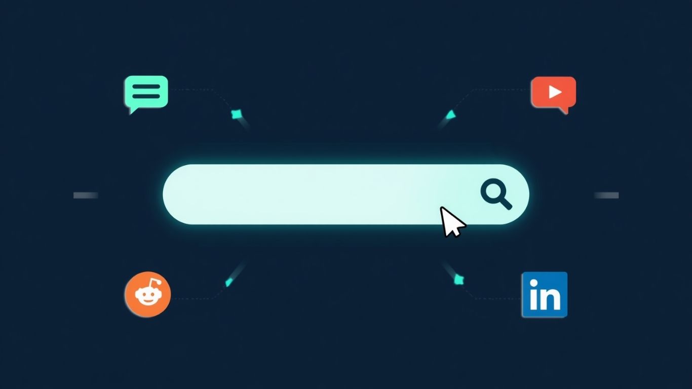 zero-click search strategy shown as a large search bar surrounded by icons