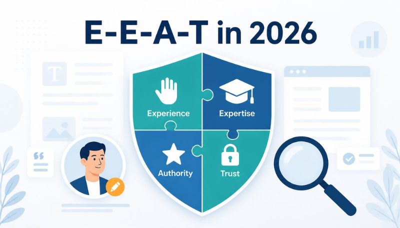 a bold poster showing EEAT in 2026 inside in a shield